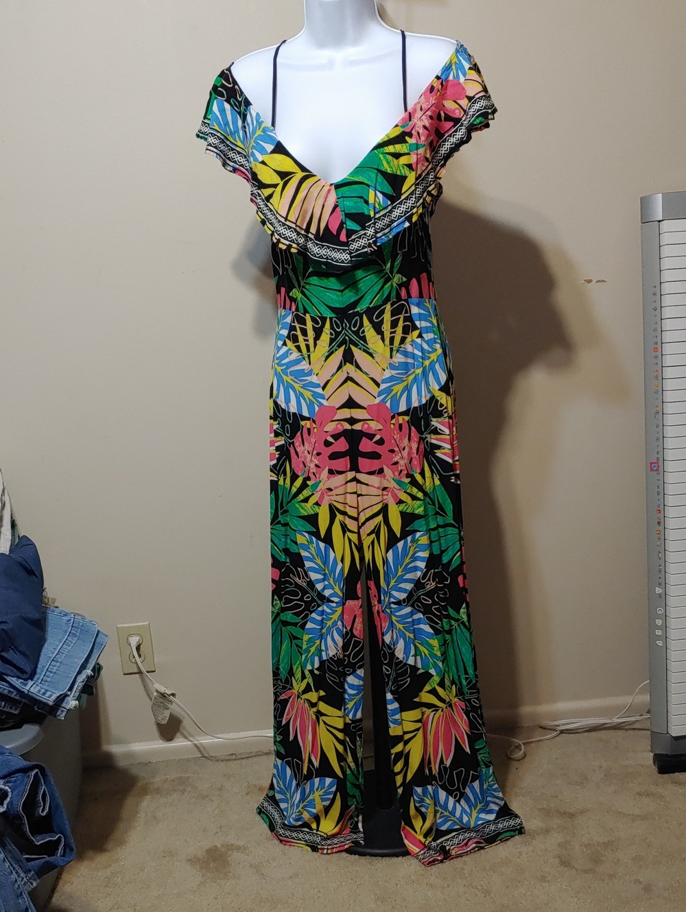 Tropical V-Neck Romper with Bold Leaf Print
